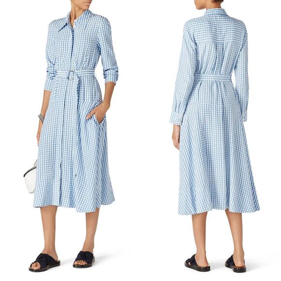 Tibi Gingham Shirtdress Long Sleeve Collared Button-Front Midi Blue & White 4 - Picture 1 of 9